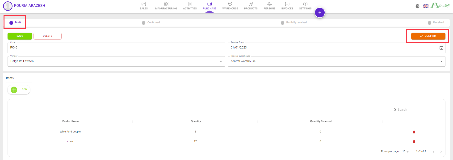 manufacturing new purchase order confirm
